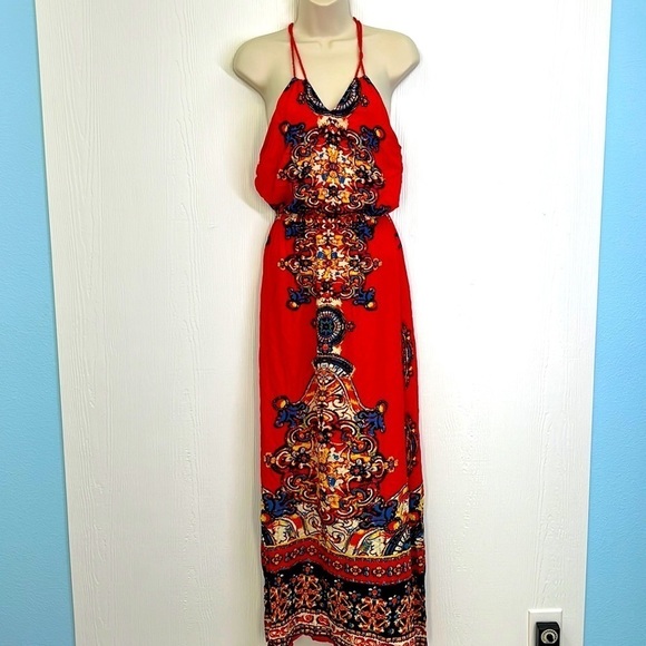 Forever 21 - Bright Orange With Colorful Design Halter Maxi Dress Size Small - Picture 1 of 11